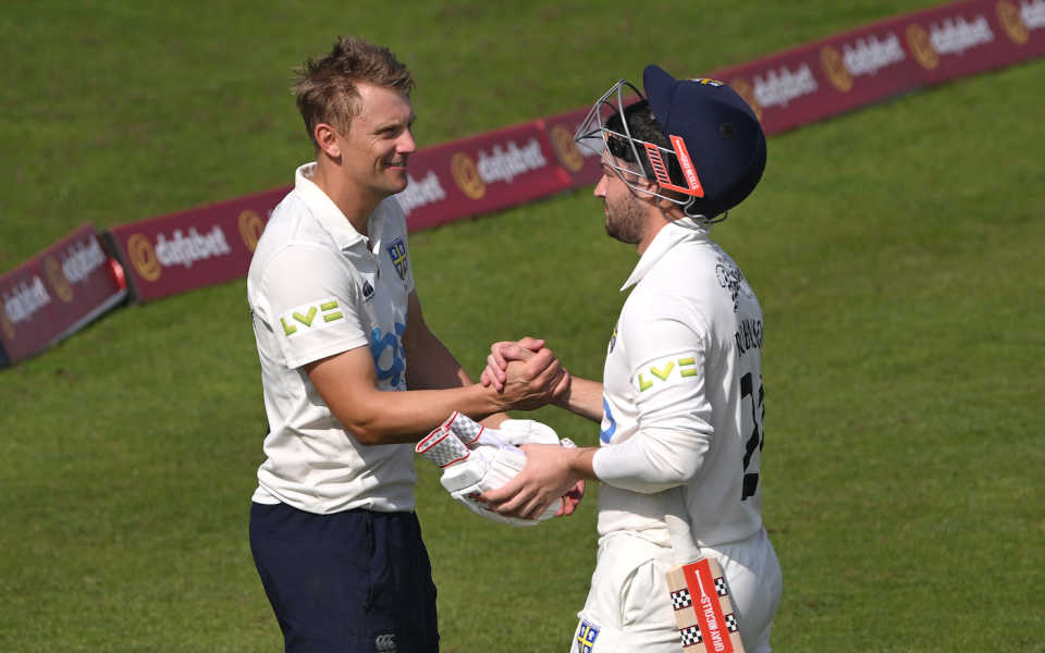 Ollie Robinson is congratulated by Durham captain Scott Borthwick after their win, Durham vs Sussex, County Championship, Division Two, September 6, 2023