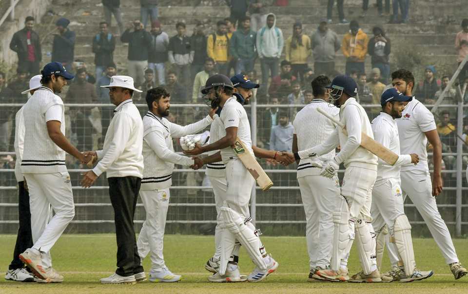 The Mumbai players shake hands with the Bihar batters and the umpires after the match, Bihar vs Mumbai, Ranji Trophy, Patna, 4th day, January 8, 2024