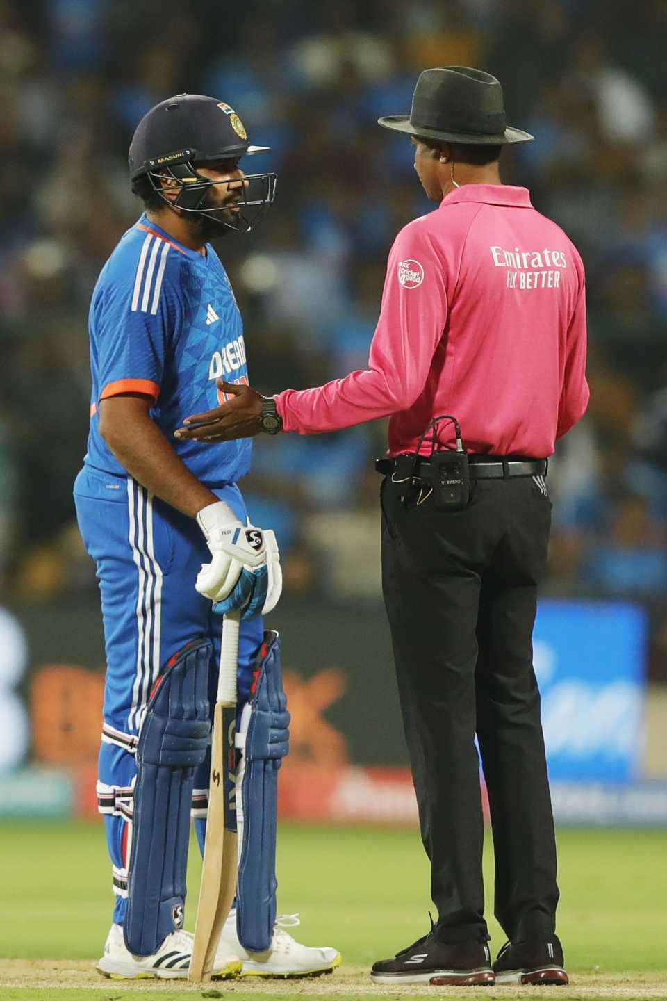 Rohit Sharma has a chat with umpire J Madanagopal