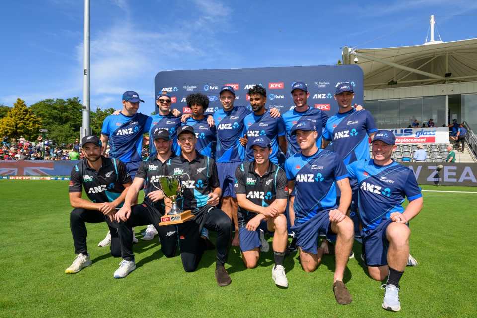 The New Zealand team is all smiles after winning the five-match series 4-1