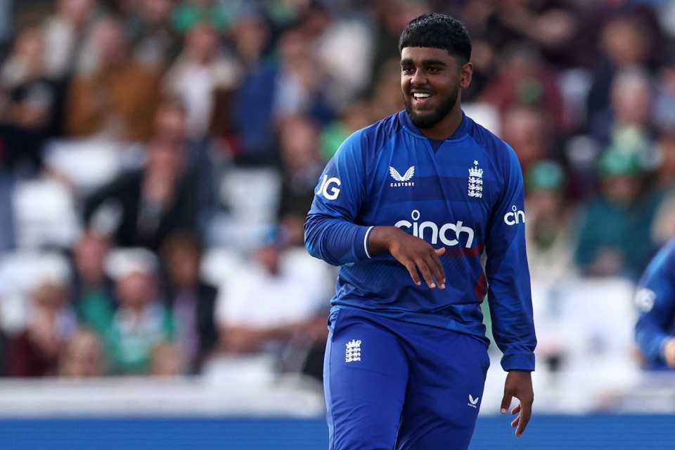 Rehan Ahmed is all smiles after finishing with returns of 4 for 54, England vs Ireland, 2nd ODI, Trent Bridge, September 23, 2023