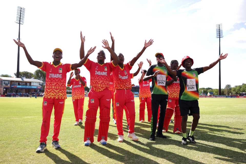 The Zimbabwe players celebrate in front of their supporters, Namibia vs Zimbabwe, Men's Under-19 World Cup, Kimberley, January 27, 2024