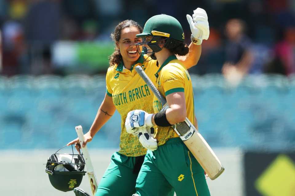 Laura Wolvaardt and Chloe Tryon celebrate South Africa first win against Australia, Australia vs South Africa, 2nd T20I, Canberra, January 28, 2024