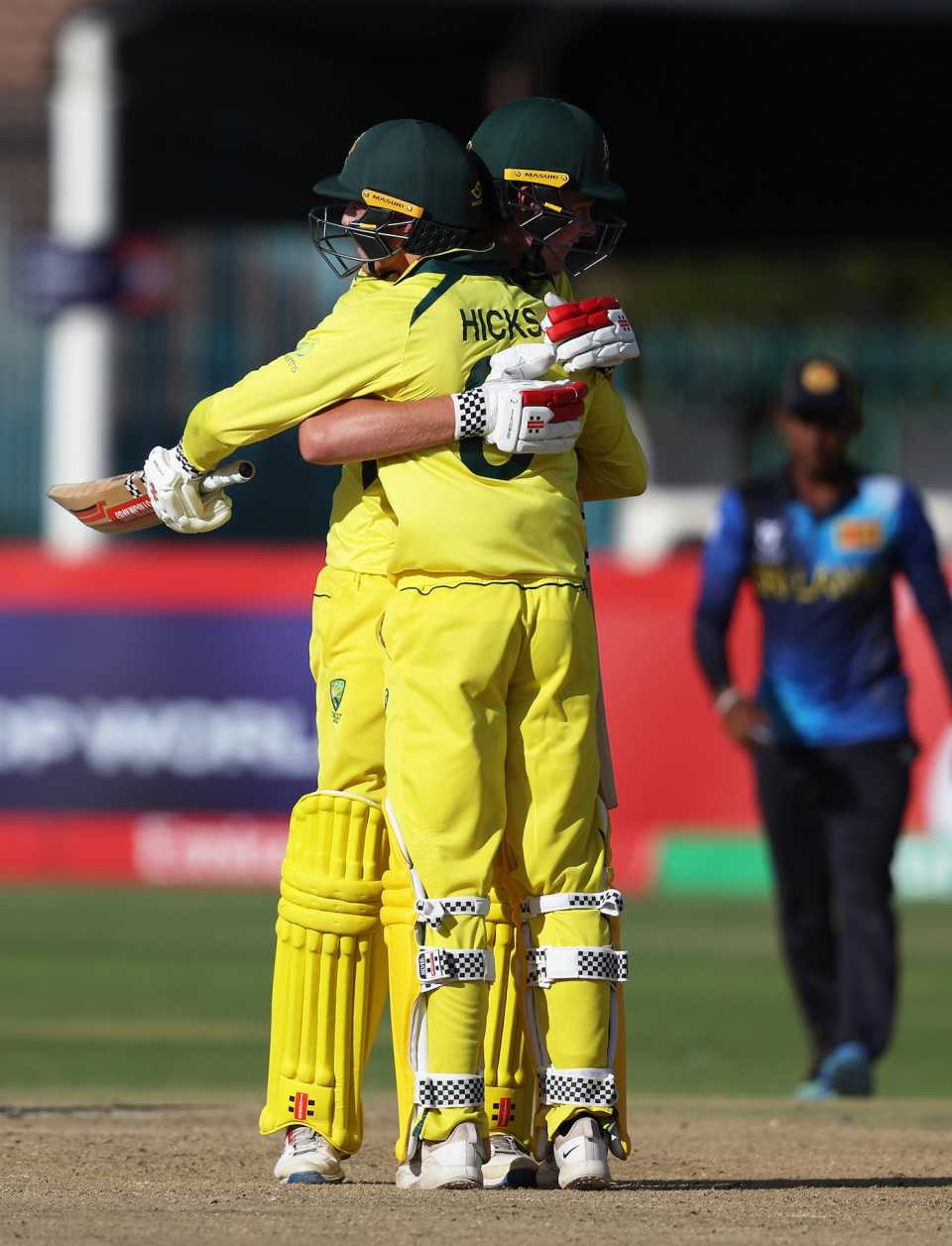 Ryan Hicks and Tom Campbell celebrate after the win, Australia vs Sri Lanka, Under-19 World Cup, Kimberley, January 28, 2024