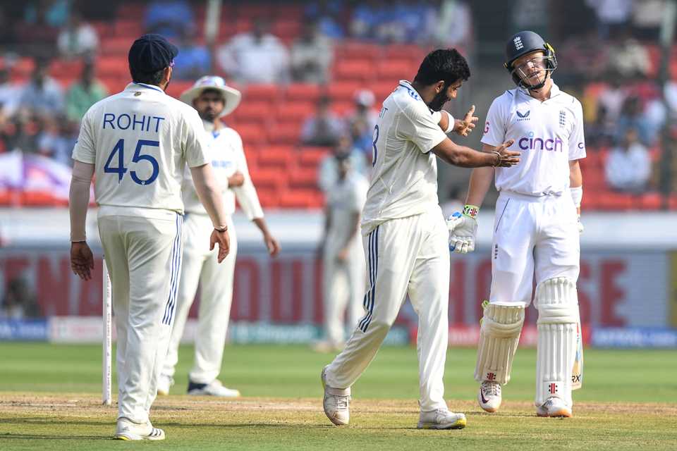 Jasprit Bumrah was handed a demerit point after "inappropriate physical contact" with Ollie Pope, India vs England, 1st Test, Hyderabad, 4th day, January 28, 2024