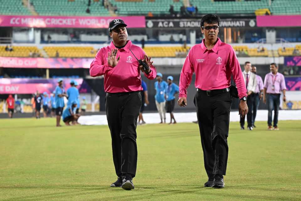 Umpires Nitin Menon and Sharfuddoula, Bangladesh vs England, warm-up game, ODI World Cup 2023, Guwahati, September 2, 2023