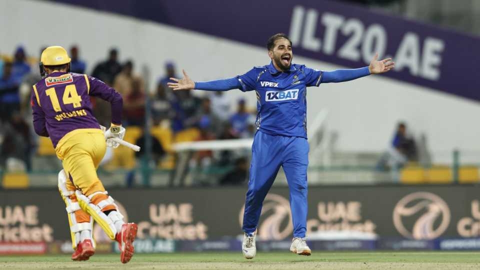 Waqar Salamkheil is overjoyed after taking a wicket, MI Emirates vs Sharjah Warriors, ILT20 2024, Abu Dhabi, February 2, 2024