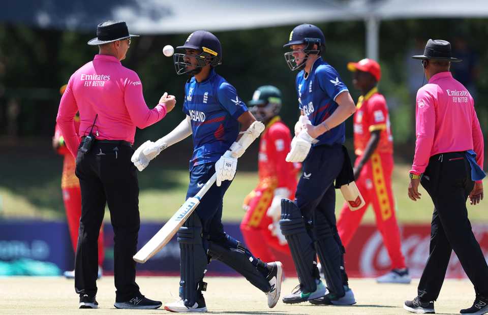 Hamza Shaikh walks off after being given out obstructed the field, England vs Zimbabwe, Under-19 World Cup, Potchefstroom, February 3, 2024