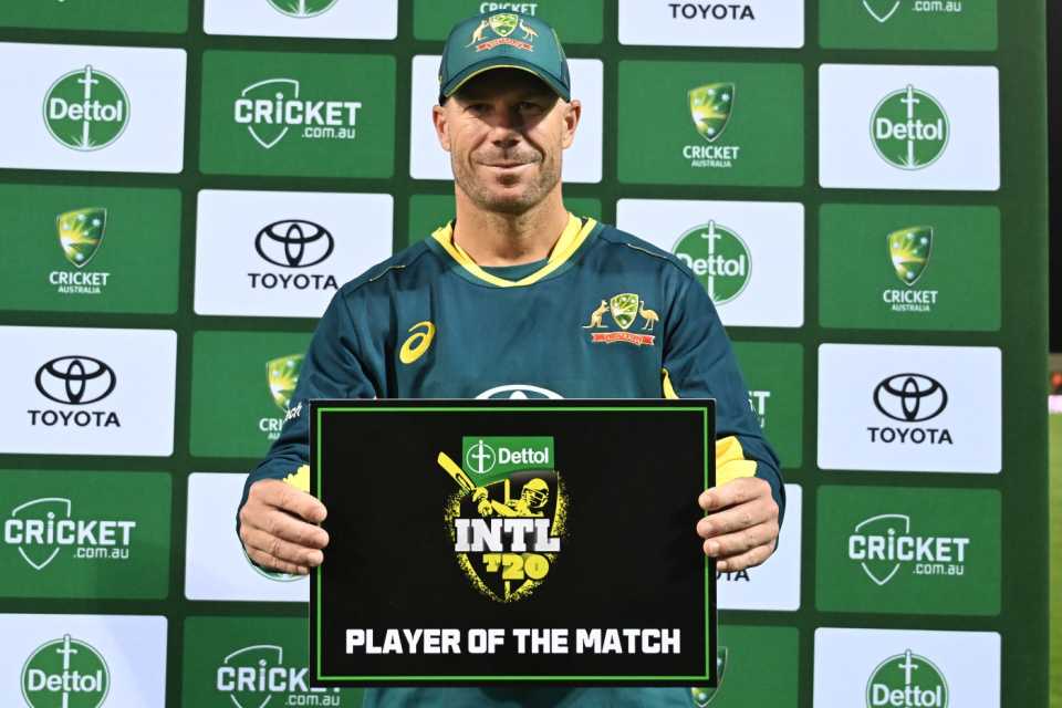 David Warner was named player of the match in his 100th T20I, Australia vs West Indies, 1st T20I, Hobart, February 9, 2024