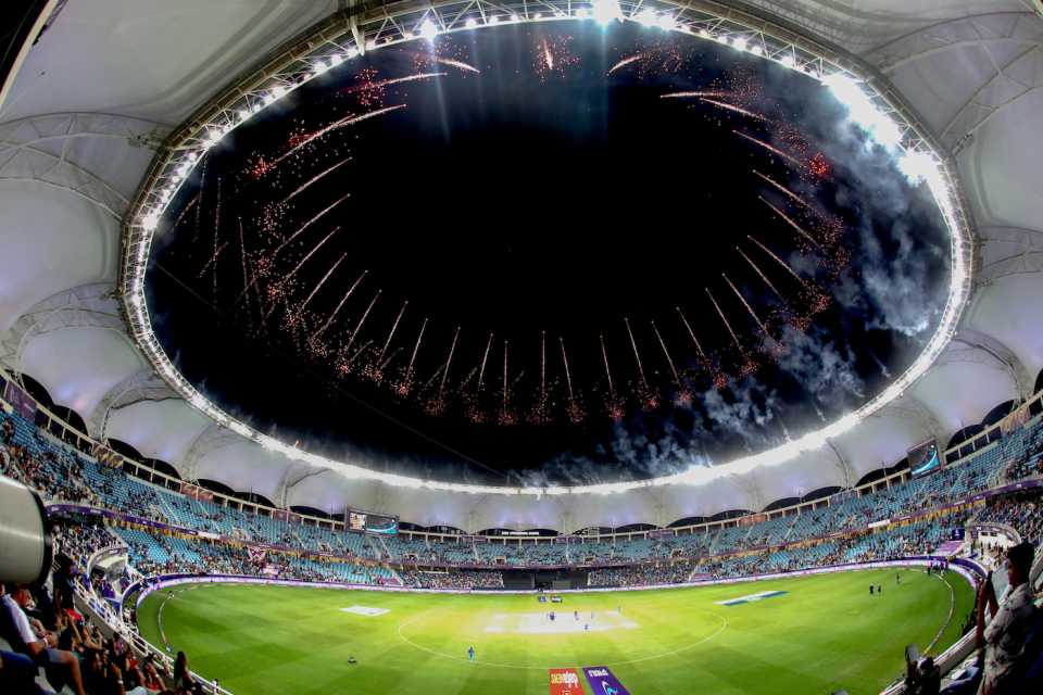 Fireworks go off at the end of the ILT20 final in Dubai, MI Emirates vs Dubai Capitals, final, Dubai, ILT20, February 17, 2024