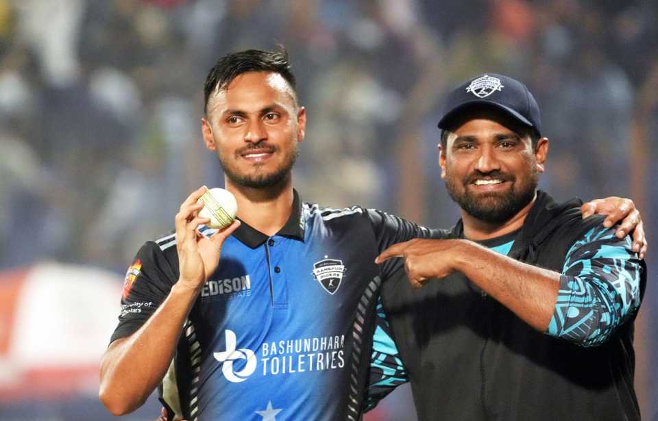 Abu Hider poses with Rangpur Riders bowling coach Tareq Aziz after bagging a five-wicket haul, Fortune Barishal vs Rangpur Riders, BPL 2024, Chattogram, February 19, 2024