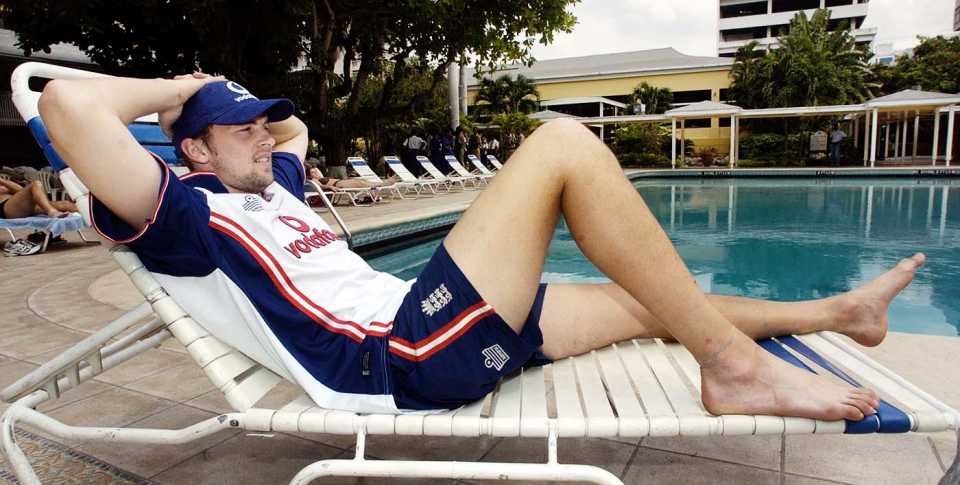 Steve Harmison relaxes by the pool a day after taking 7 for 12 at Sabina Park, Kingston, March 15, 2004