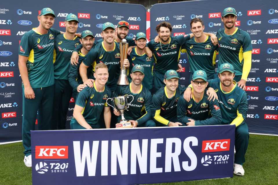 A pleased Australia team poses with the Chappell-Hadlee Trophy after a clean sweep, New Zealand vs Australia, 3rd T20I, Auckland, February 25, 2024