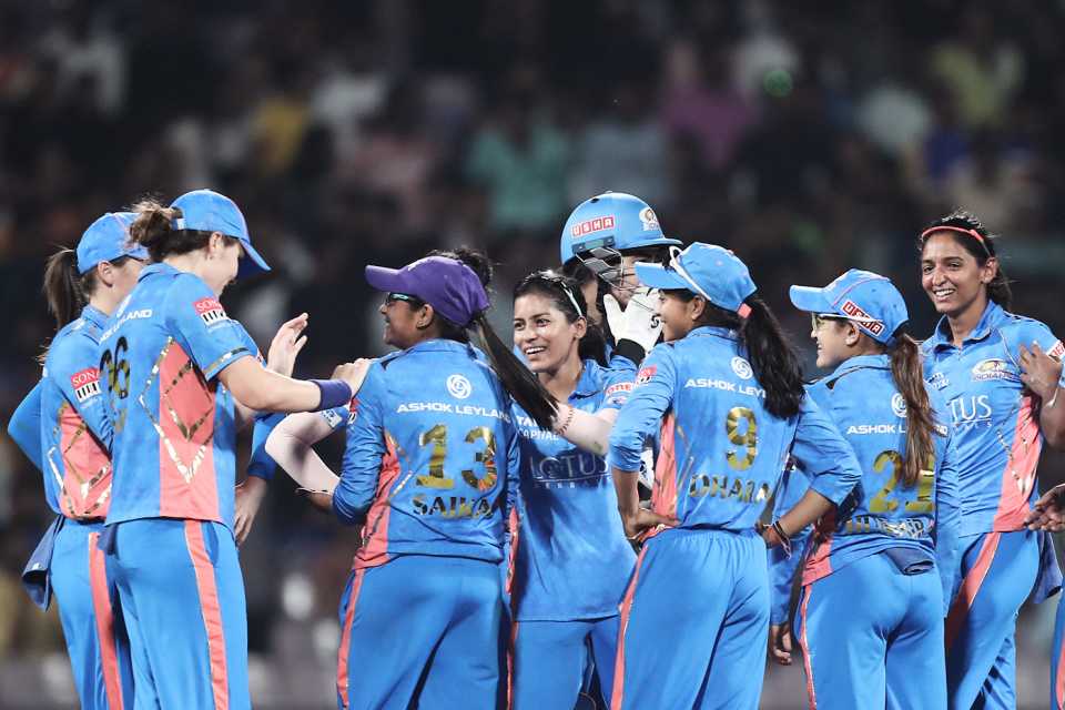 Saika Ishaque celebrates a wicket with her team-mates, Delhi Capitals vs Mumbai Indians, WPL 2023, DY Patil Stadium, March 9, 2023