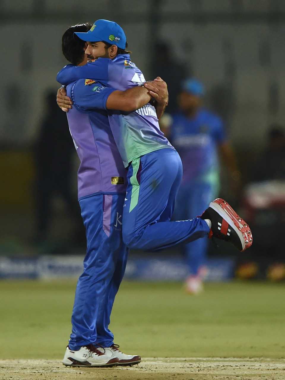 Khushdil Shah celebrates with his captain Mohammad Rizwan
