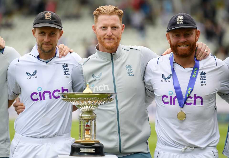 James Anderson, Joe Root, Ben Stokes and Jonny Bairstow with the Pataudi Trophy after England's win, England vs India, 5th Test, Birmingham, 5th day, July 5, 2022