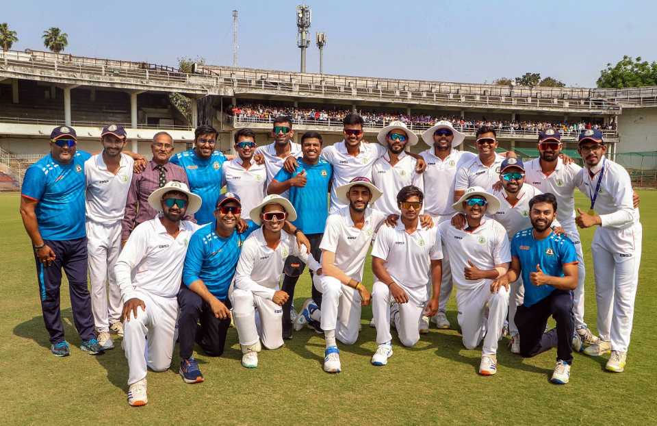 Vidarbha's players and support staff pose after qualifying for the Ranji Trophy final