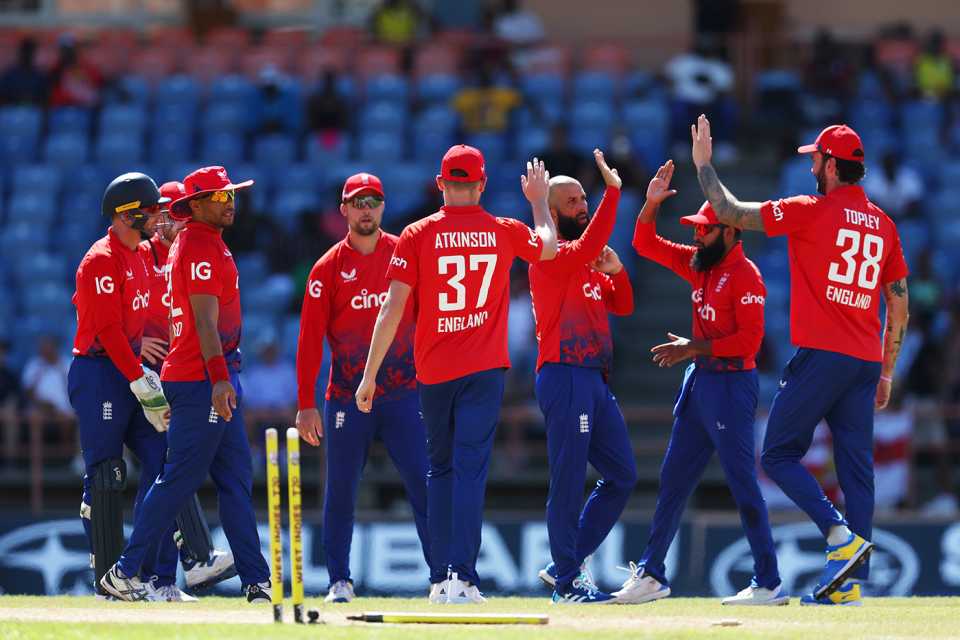 Moeen Ali celebrates a wicket with his team-mates, West Indies vs England, 3rd T20I, Grenada, December 16, 2023