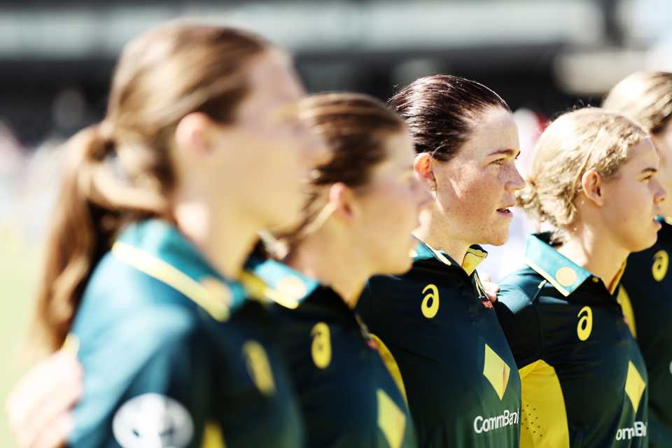 Grace Harris stands along with her team-mates for the national anthem, Australia vs South Africa, 1st women's T20I, Canberra, January 27, 2024