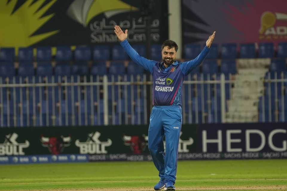 Rashid Khan celebrates a wicket, Afghanistan vs Ireland, 1st T20I, Sharjah, March 15, 2024