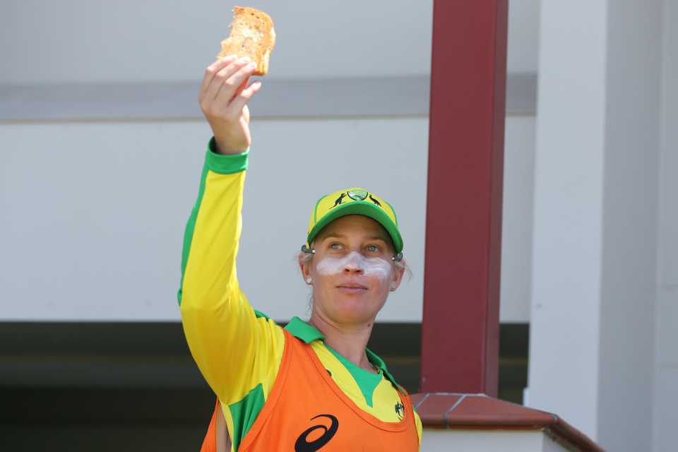  Delissa Kimmince holds the piece toast that set off the fire alarm, Australia v Sri Lanka, 1st Women's ODI, Allan Border Field, October 5, 2019