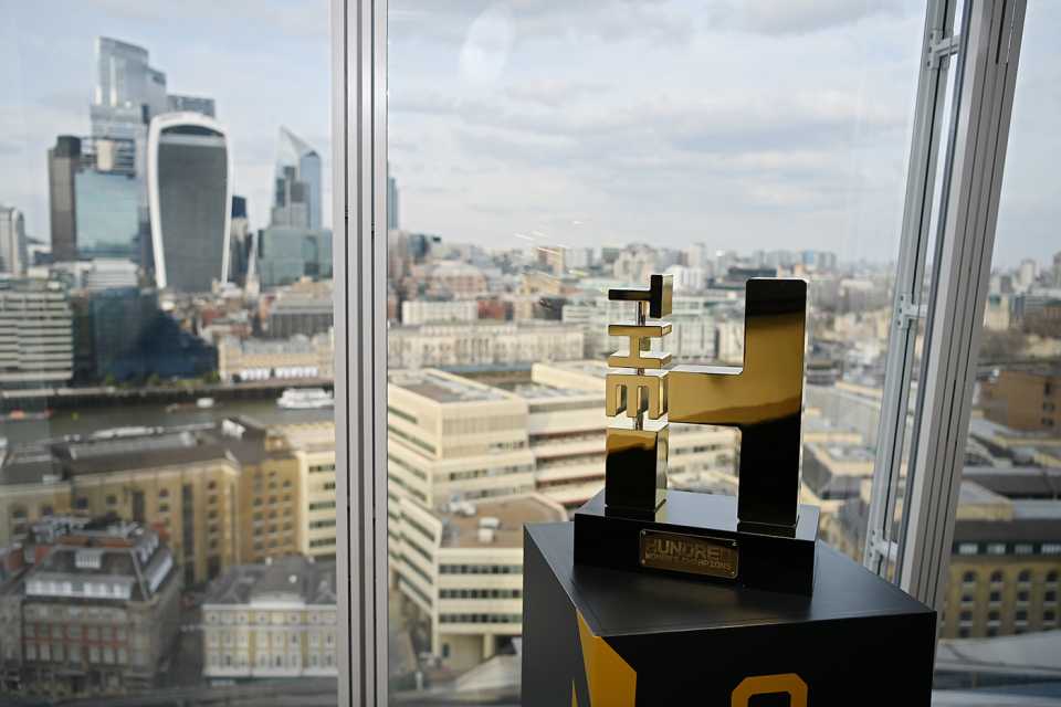 The Hundred trophy on display at the Shard in London, March 20, 2024