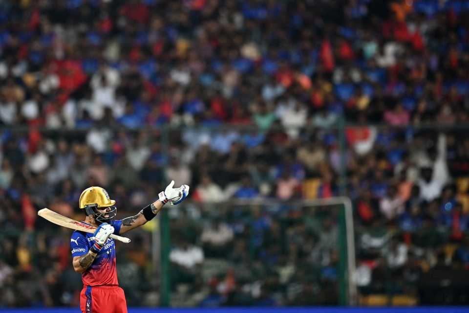 Virat Kohli gestures during his blazing knock, Royal Challengers Bengaluru vs Punjab Kings, IPL 2024, Bengaluru, March 25, 2024