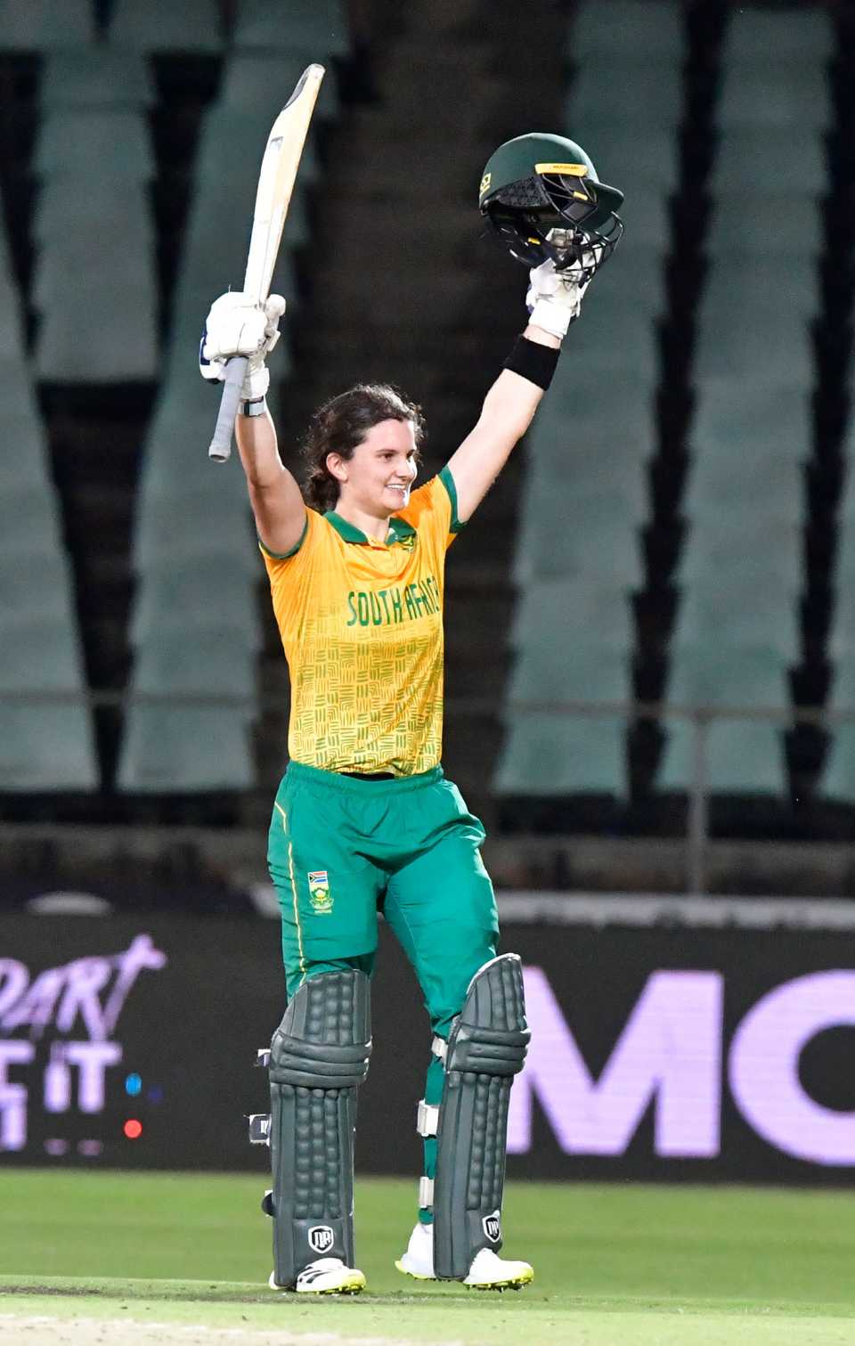 Laura Wolvaardt celebrates her maiden T20I hundred, South Africa vs Sri Lanka, 1st T20I, Benoni, March 27, 2024
