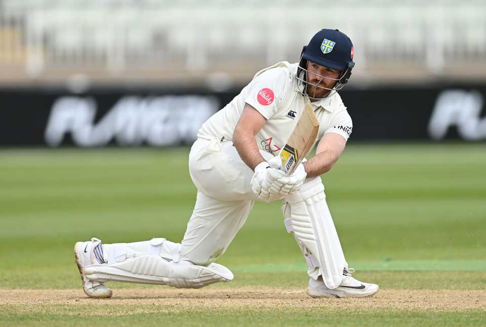 Ben Raine hit an aggressive 93 but couldn't save the follow on, Warwickshire vs Durham, County Championship, Division One, Edgbaston, April 14, 2024