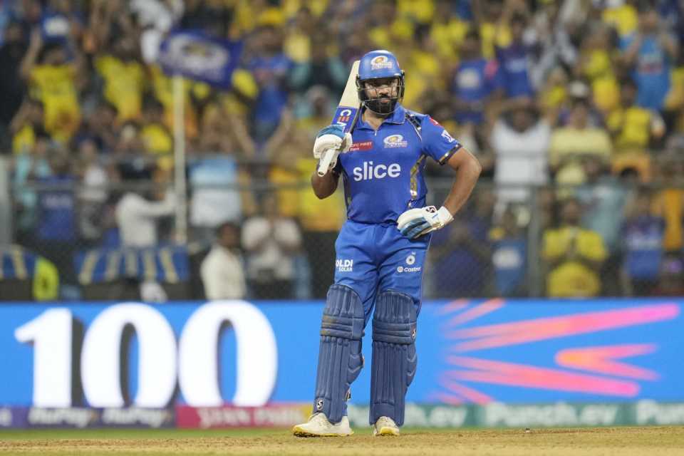 There were muted celebrations from Rohit Sharma after reaching his century with Mumbai Indians going down