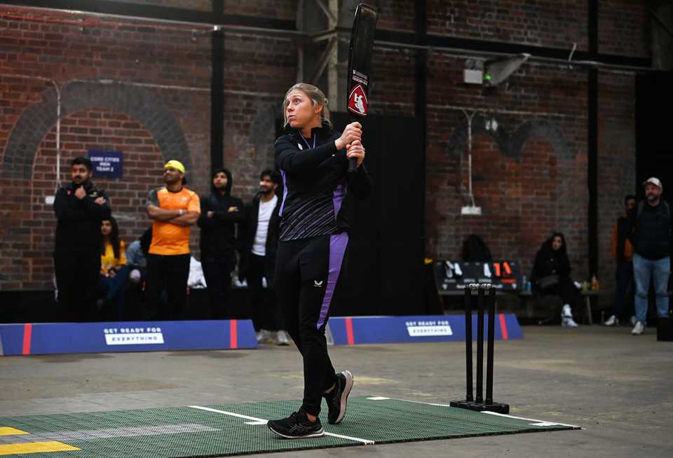 Heather Knight bats at the ECB's launch of a national tape-ball competition in Birmingham