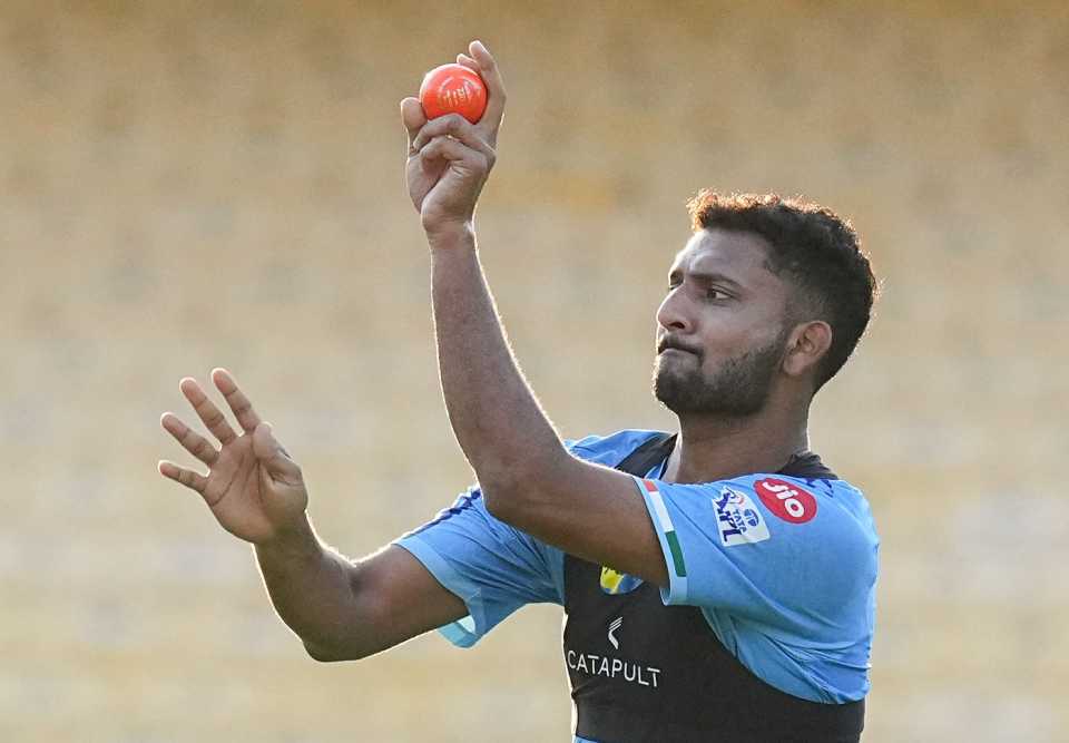 Mohsin Khan bowls at the nets in Chennai