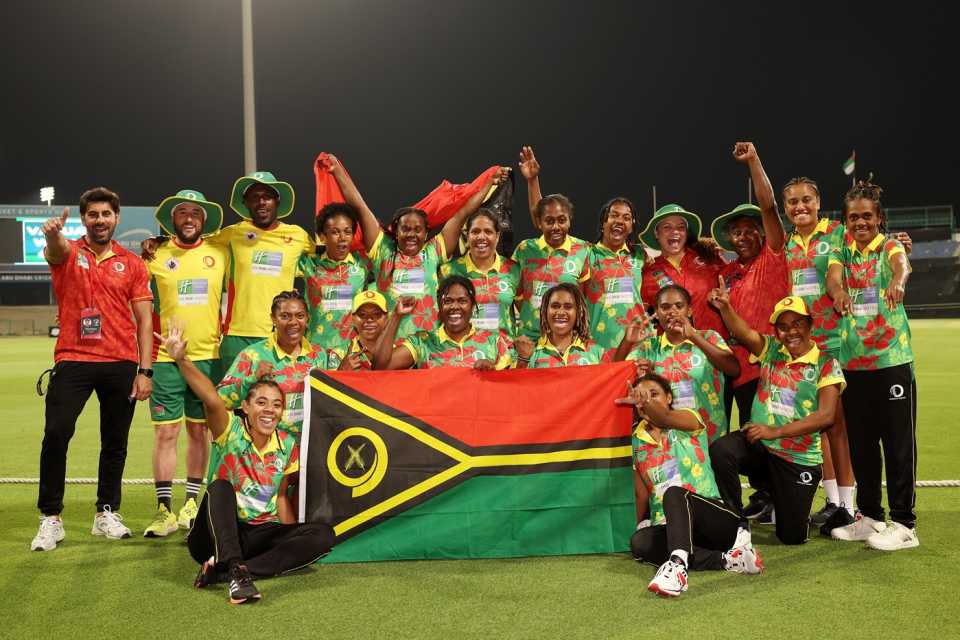 The Vanuatu women's team celebrate their victory, Zimbabwe vs Vanuatu, Women's T20 World Cup Qualifier, Group B, Abu Dhabi, April 25, 2024