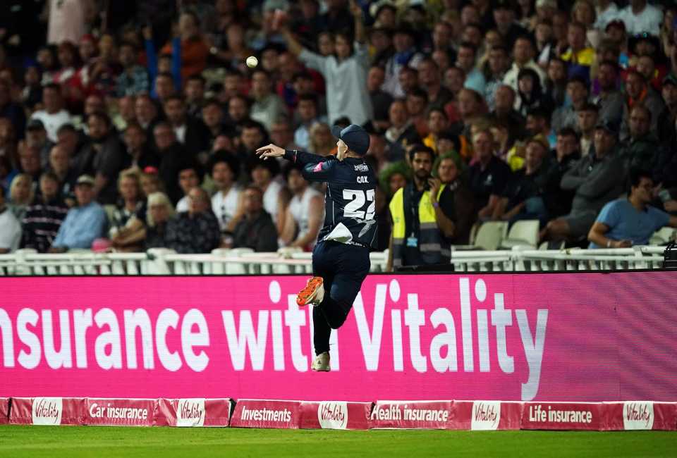 Jordan Cox leaps to intercept the ball over the boundary and relay it back to Matt Milnes, Somerset vs Kent, Final, Vitality T20 Blast Finals Day, Edgbaston, September 18, 2021