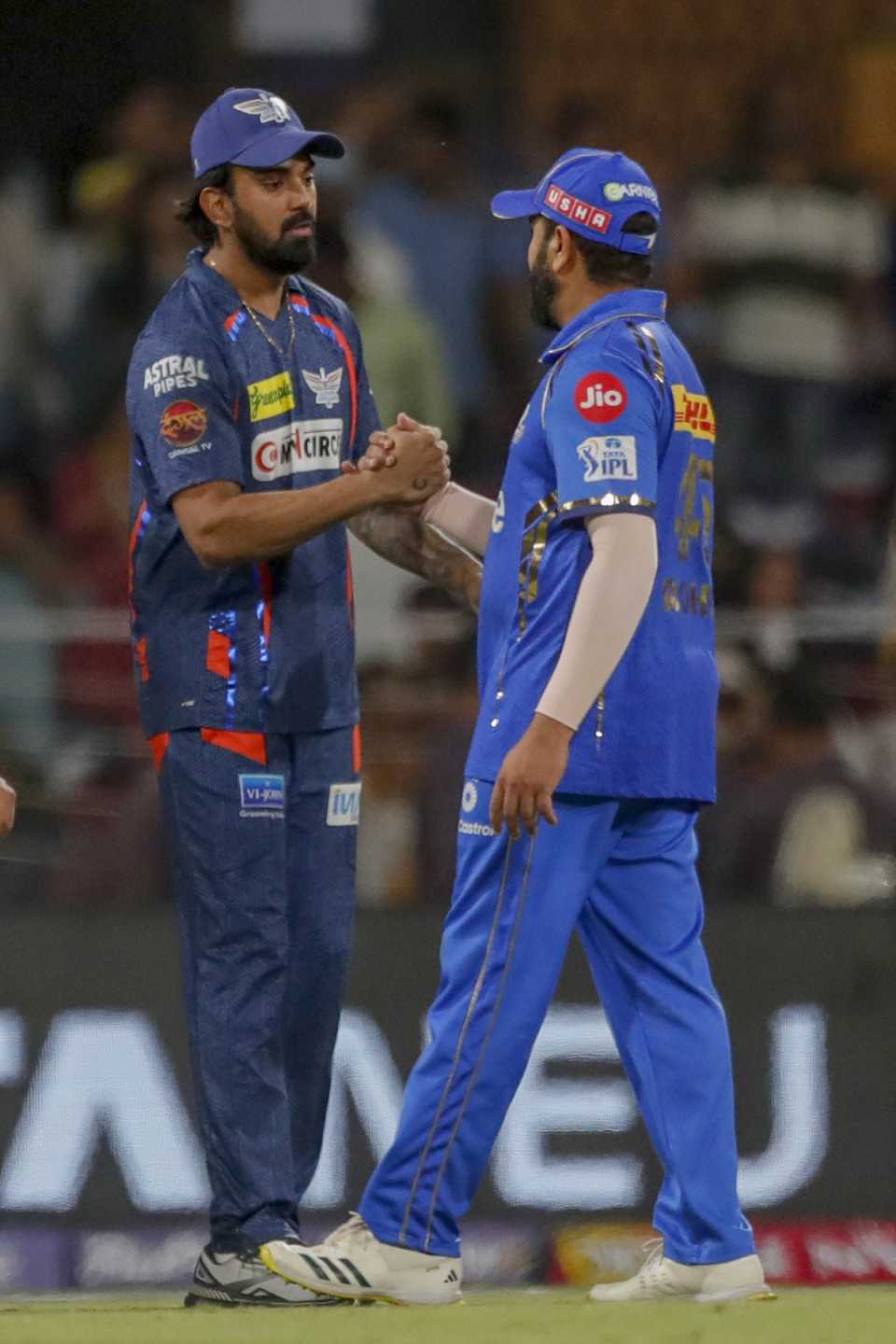 KL Rahul and Rohit Sharma greet each other at the end of the match, Lucknow Super Giants vs Mumbai Indians, IPL 2024, Lucknow, April 30, 2024 