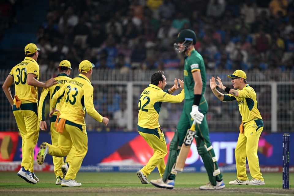 Travis Head celebrates Marco Jansen's wicket, Australia vs South Africa, Men's ODI World Cup, 2nd semi-final, Kolkata, November 16, 2023