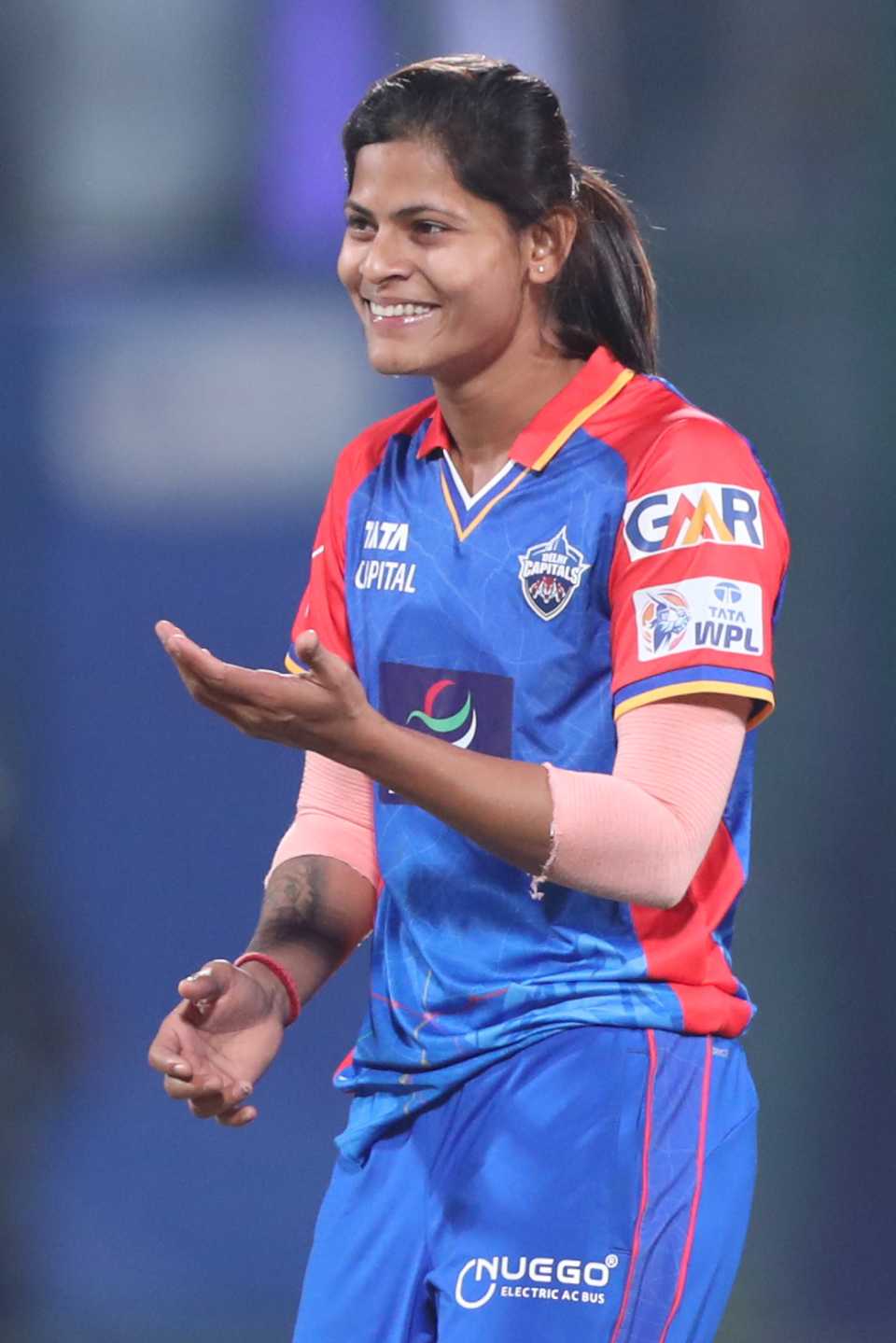 Radha Yadav reacts on the field, Delhi Capitals vs UP Warriorz, WPL 2024, Delhi, March 8, 2024