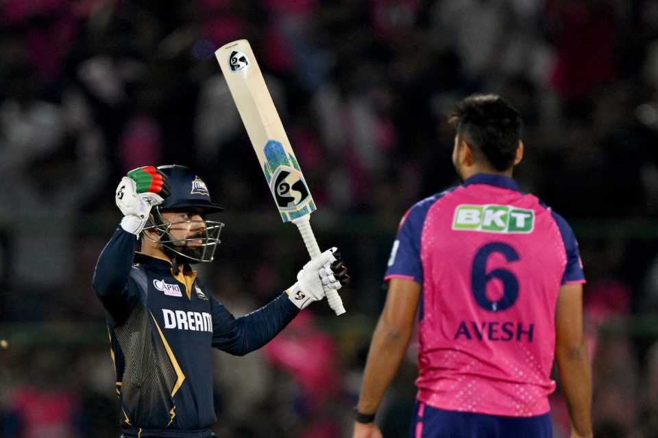 Rashid Khan celebrates hitting the winning run as Avesh Khan looks on, Rajasthan Royals vs Gujarat Titans, IPL 2024, Jaipur, April 10, 2024