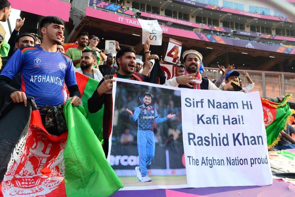 Afghanistan fans hold up a poster in the stands, Afghanistan vs South Africa, World Cup, Ahmedabad, November 10, 2023