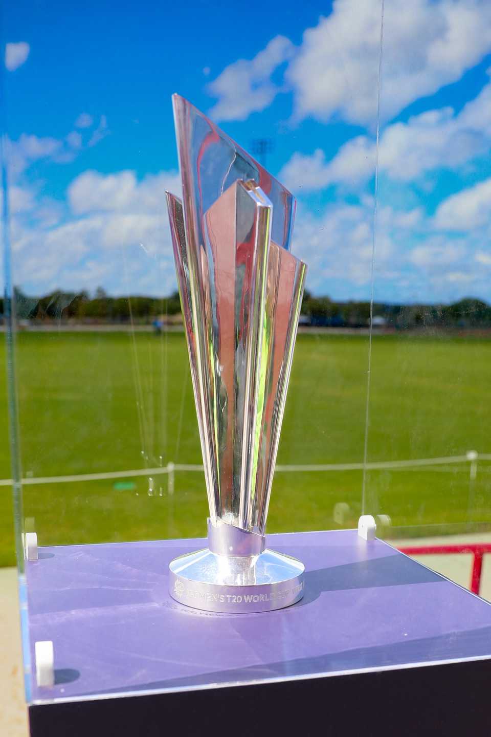 The Men's T20 World Cup trophy in display at the Central Broward Stadium