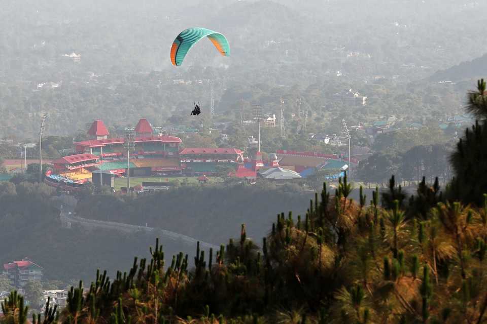 Paragliding in Dharamsala with the cricket stadium in the background, May 7, 2024