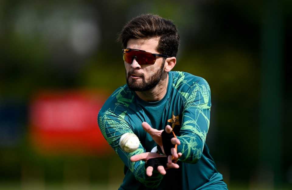 Shaheen Shah Afridi catches the ball at a training session in Dublin, Ireland, May 9, 2024