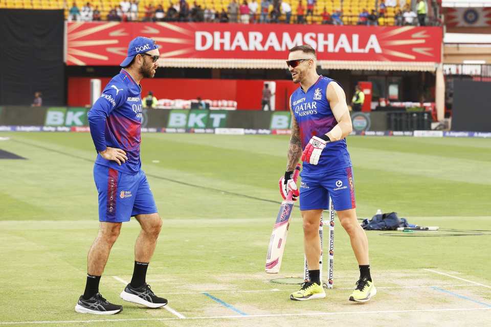 Glenn Maxwell and Faf du Plessis have a chat ahead of the game, Punjab Kings vs Royal Challengers Bengaluru, IPL 2024, Dharamsala, May 9, 2024