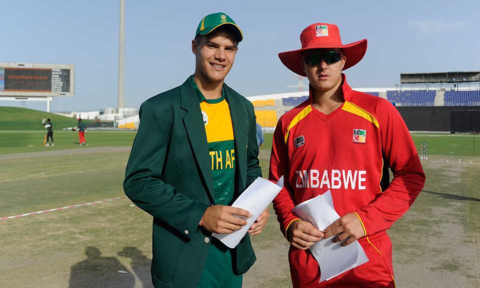 Aiden Markram (left) and Malcolm Lake at the toss, South Africa Under-19s vs Zimbabwe Under-19s, Under-19 World Cup, Abu Dhabi, February 18, 2014