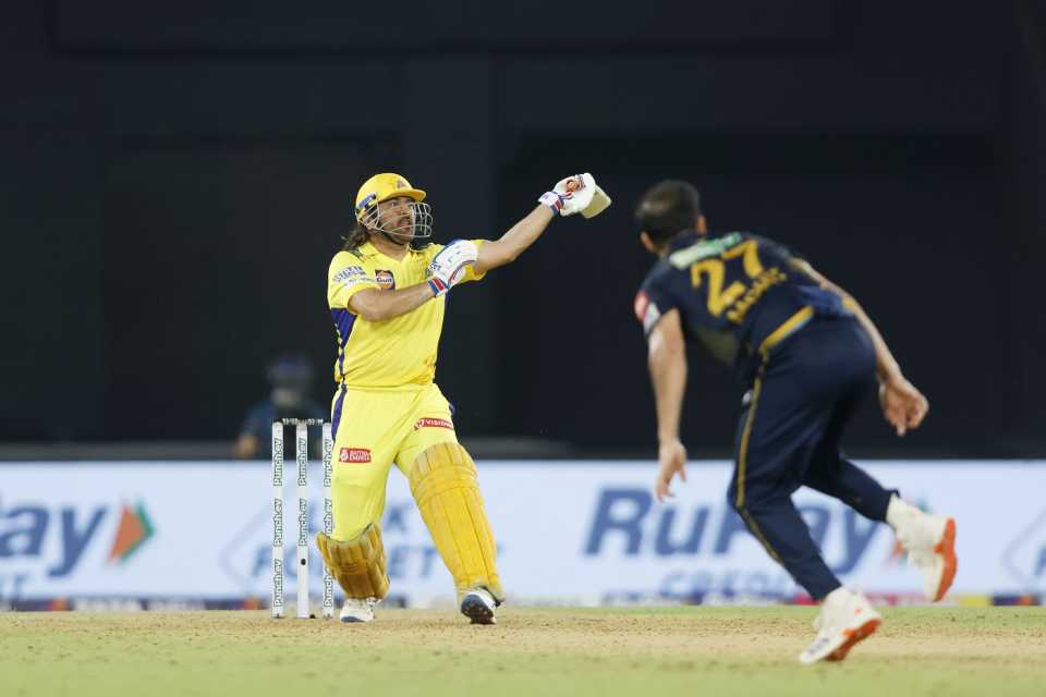 MS Dhoni hits a one-hand six much to the crowd's delight, Gujarat Titans vs Chennai Super Kings, IPL, Ahmedabad, May 10, 2024