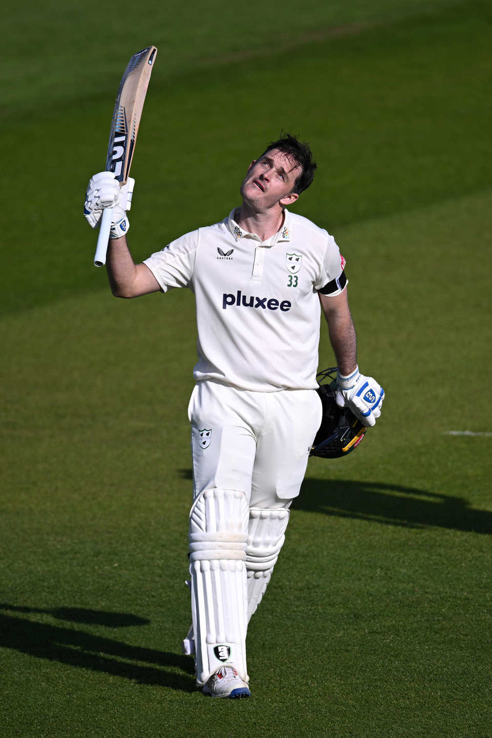 Gareth Roderick looks to the sky after scoring his hundred, Kent vs Worcestershire, County Championship, Division One, Canterbury, May 10, 2024