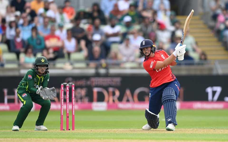 Danielle Gibson goes inside out during her 41 not out off 21 balls, England vs Pakistan, 1st women's T20I, Birmingham, May 11, 2024