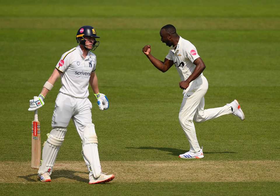 Kemar Roach celebrates taking the wicket of Dan Mousley, Surrey vs Warwickshire, County Championship, Division One, The Oval, May 12, 2024