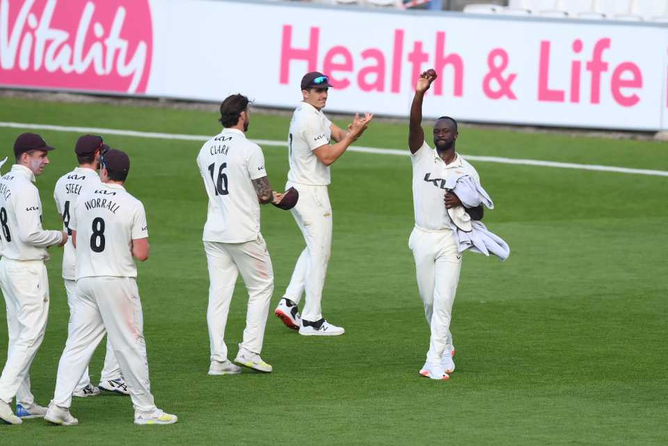 Kemar Roach salutes the crowd after his six-wicket haul against Warwickshire, Surrey vs Warwickshire, Kia Oval, County Championship, May 12, 2024