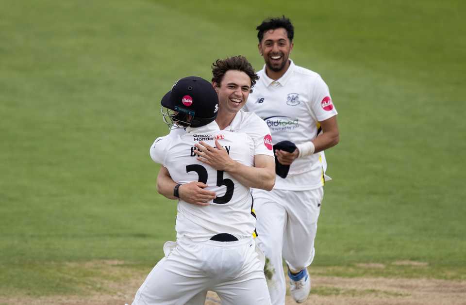 Tom Price gets a hug from James Bracey, Northamptonshire vs Gloucestershire, County Championship, Division Two, Wantage Road, May 13, 2024